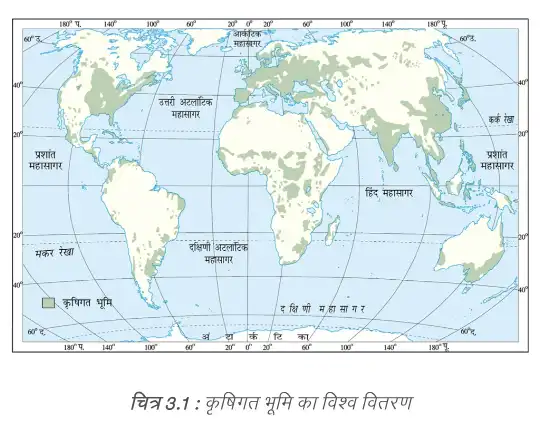 World map showing arable land distribution for Class 8 Geography Chapter 3